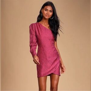 Lulu’s Emogene Magenta Burnout Floral Print One-Shoulder Mini Dress